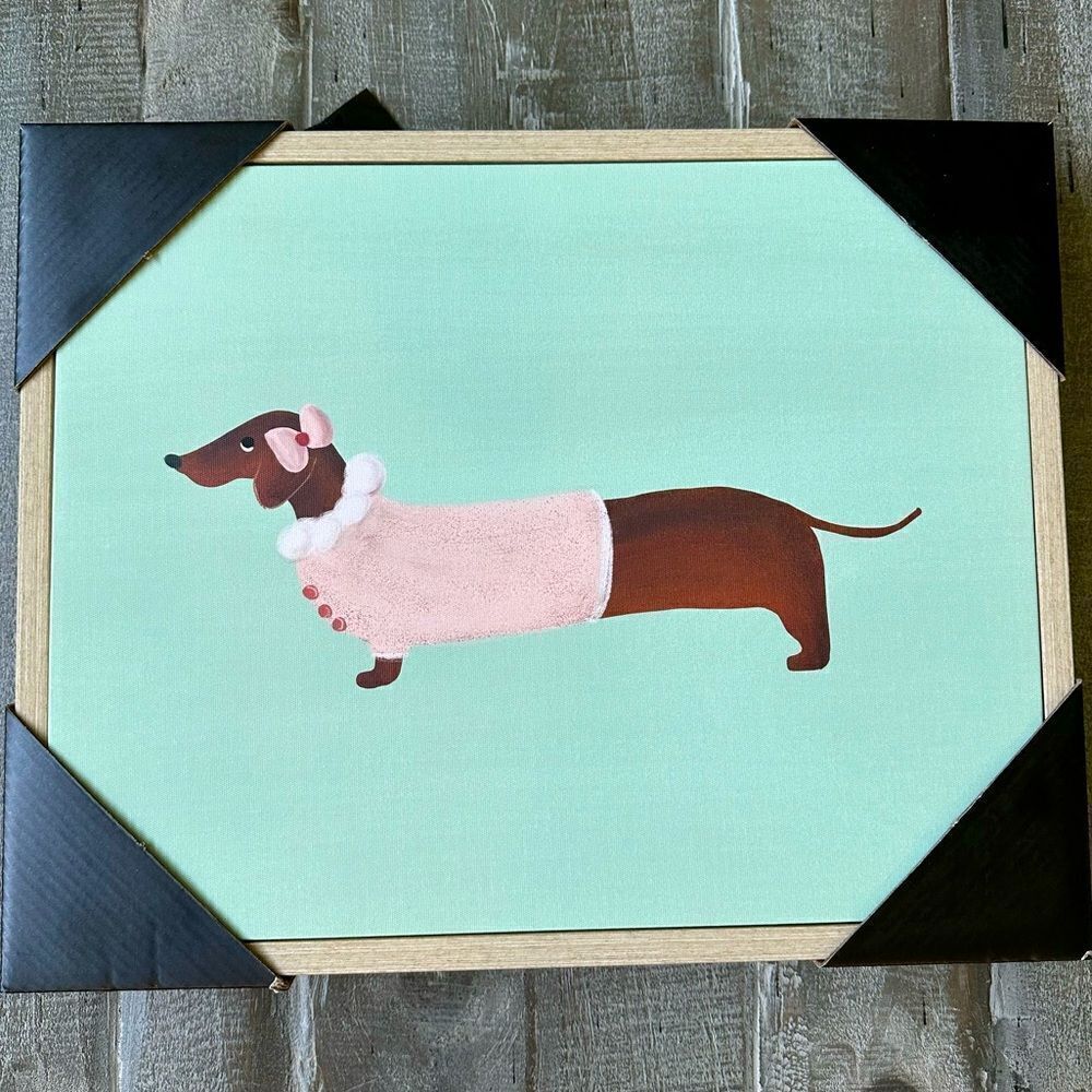 Dachshund Dog Framed Portrait Pink Sweater Canvas Wall Art Decor